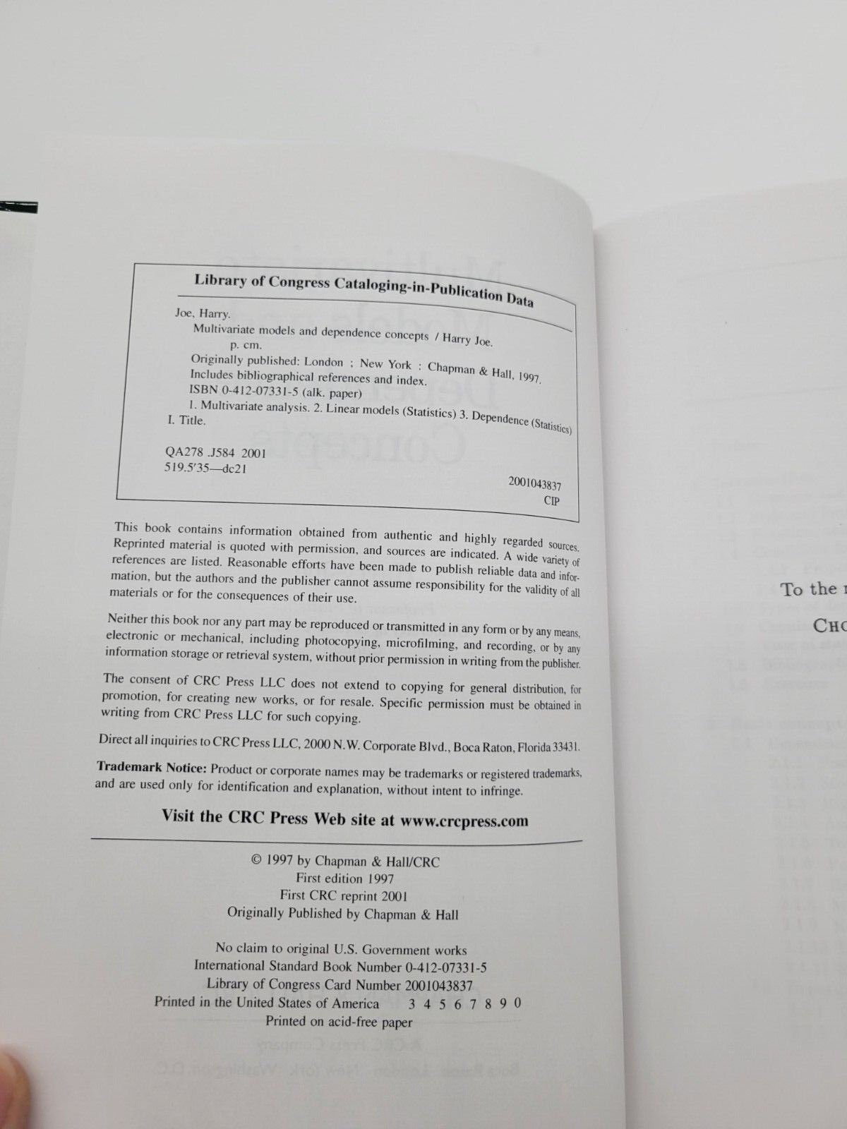 Multivariate Models and Dependence Concepts, Hardcover by Joe, Harry, Book