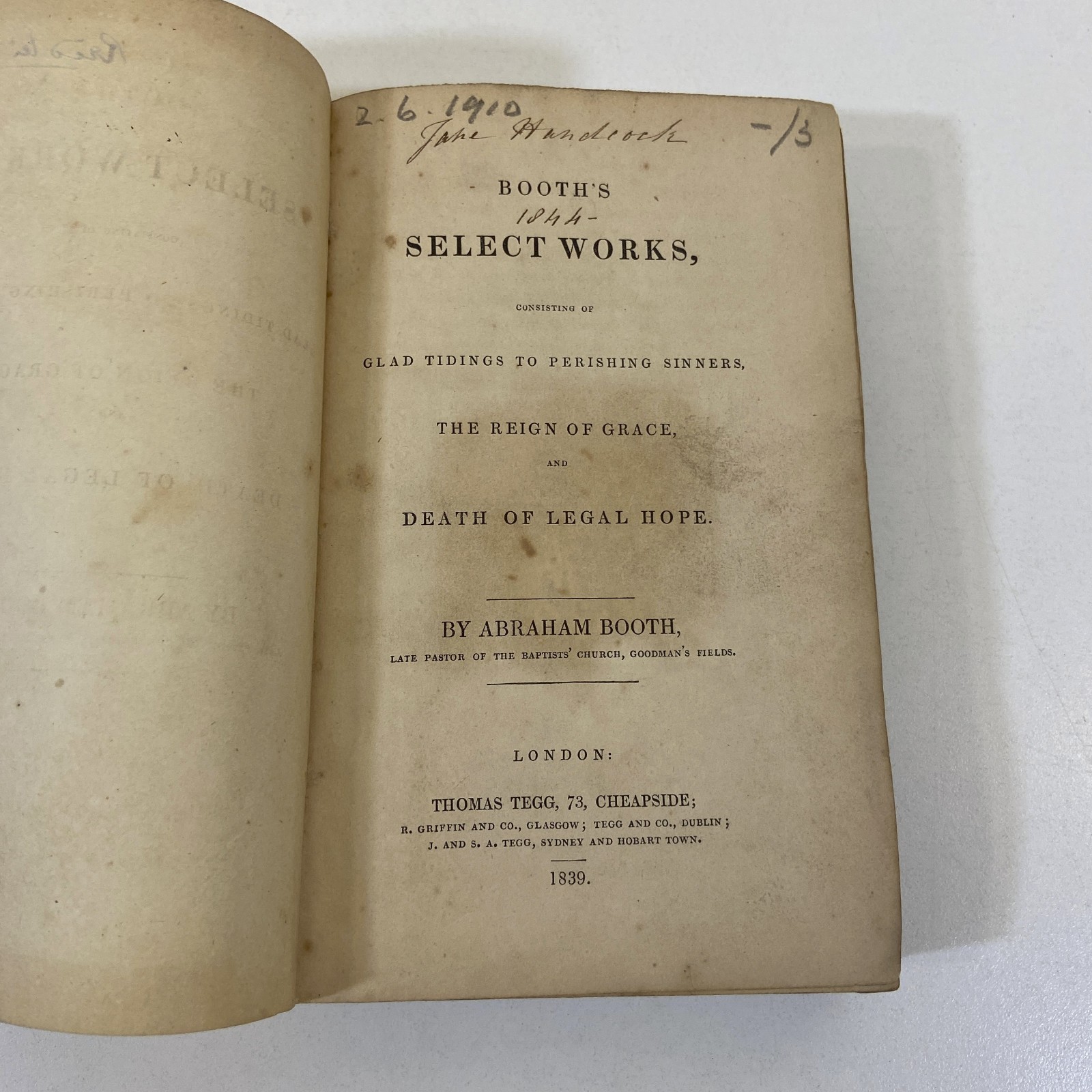 Abraham Booth Select Works Glad Tidings Antique 1839 Thomas Tegg Hardcover