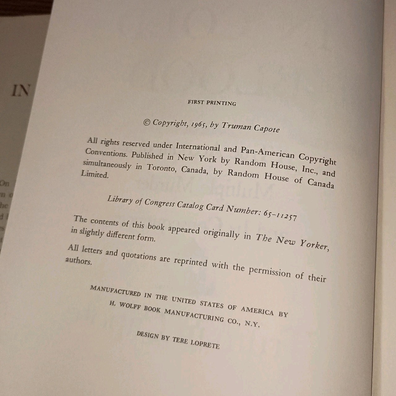 In Cold Blood Truman Capote 1965 First Edition Hardcover Book Of The Month Club