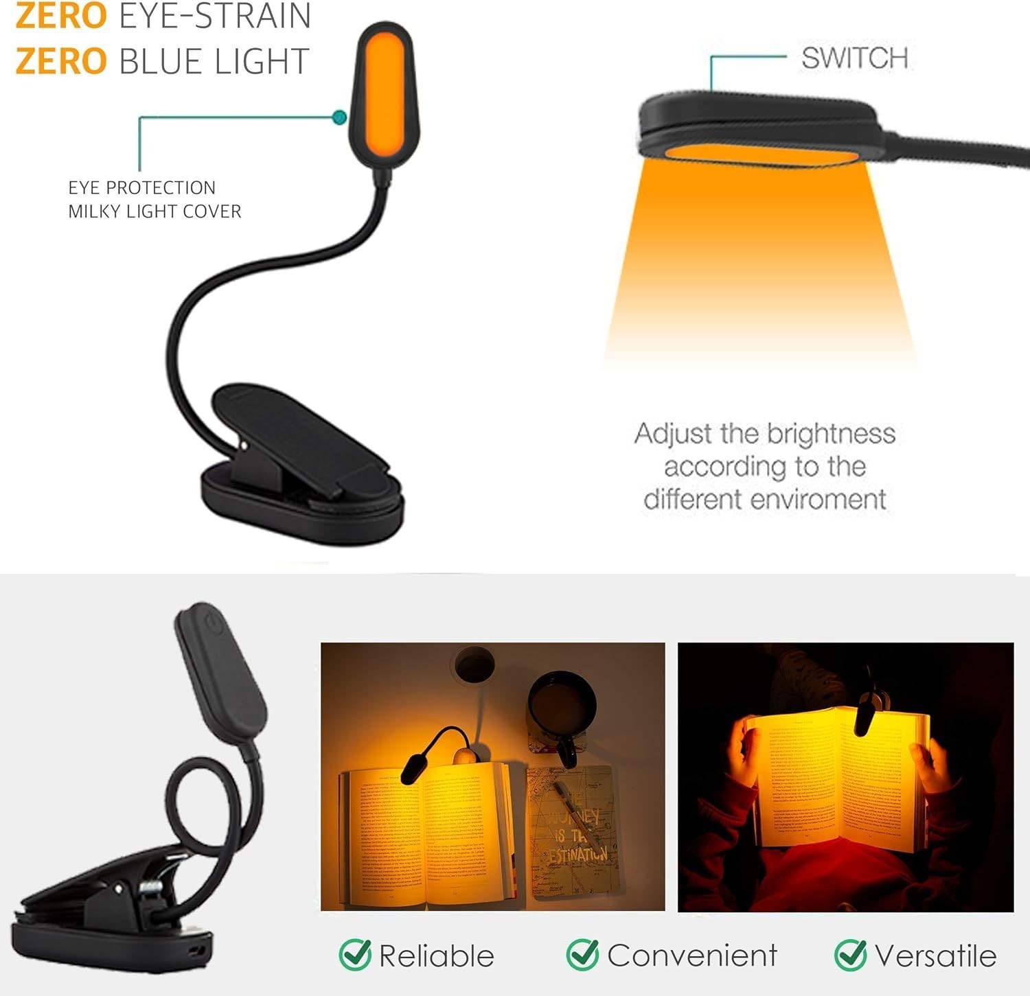 Rechargeable Amber Reading Light – Blue Light Blocking, Perfect Gift for Readers