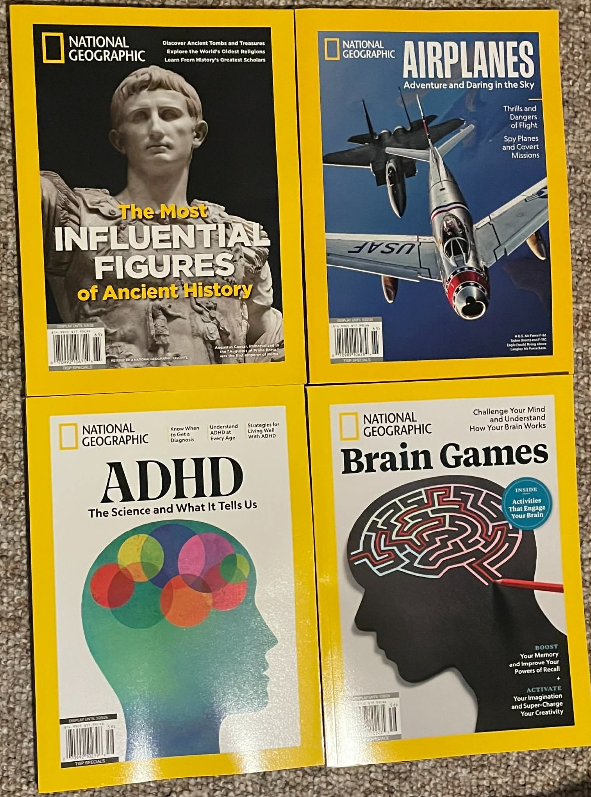National Geographic Lot 4 Magazines, Famous Figures, Airplanes, Mind Games, ADHD