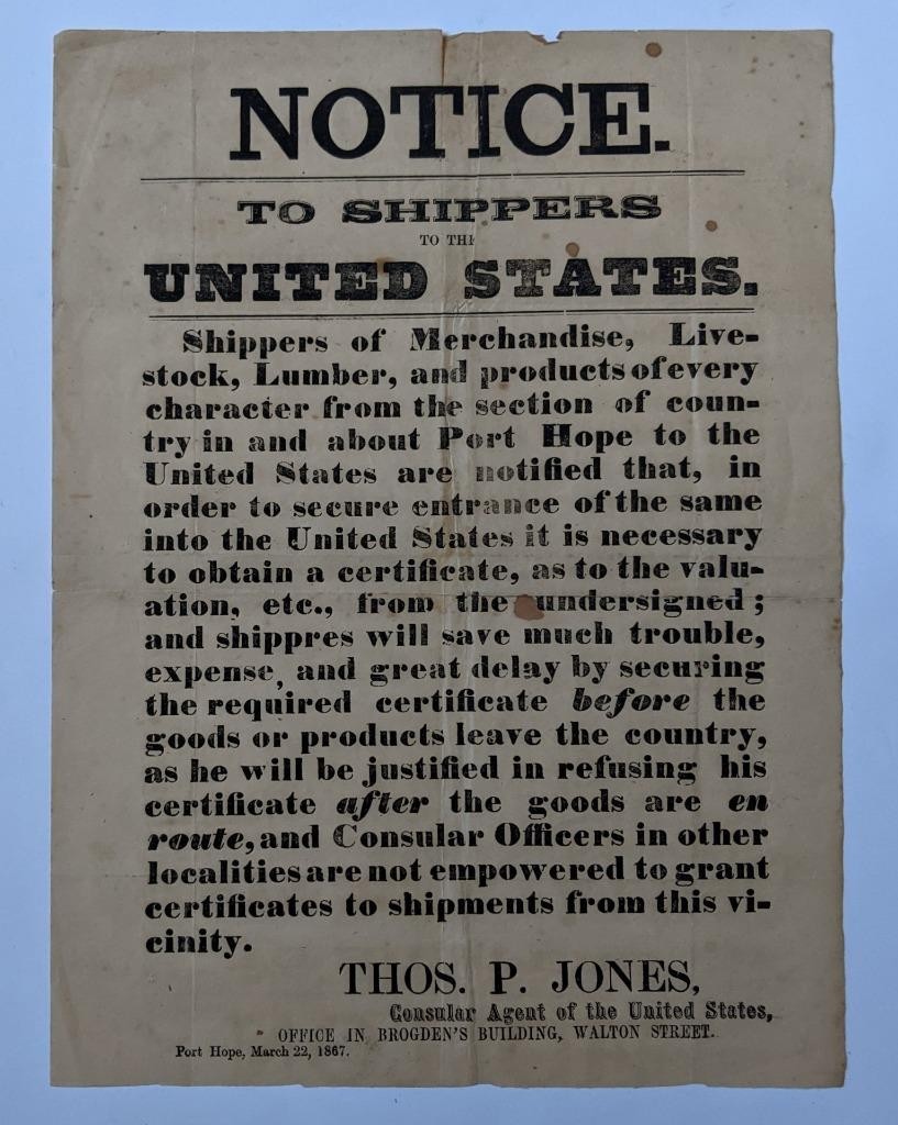 MARITIME1867 BROADSIDE NOTICE – SHIPPERS from PORT HOPE, Canada TO UNITED STATES