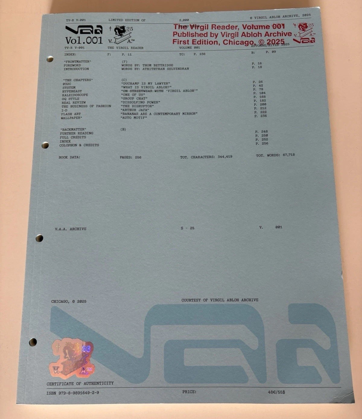 VIRGIL ABLOH ARCHIVE READER VOLUME 001 FIRST EDITION CHICAGO 2025 ALASKA jordan