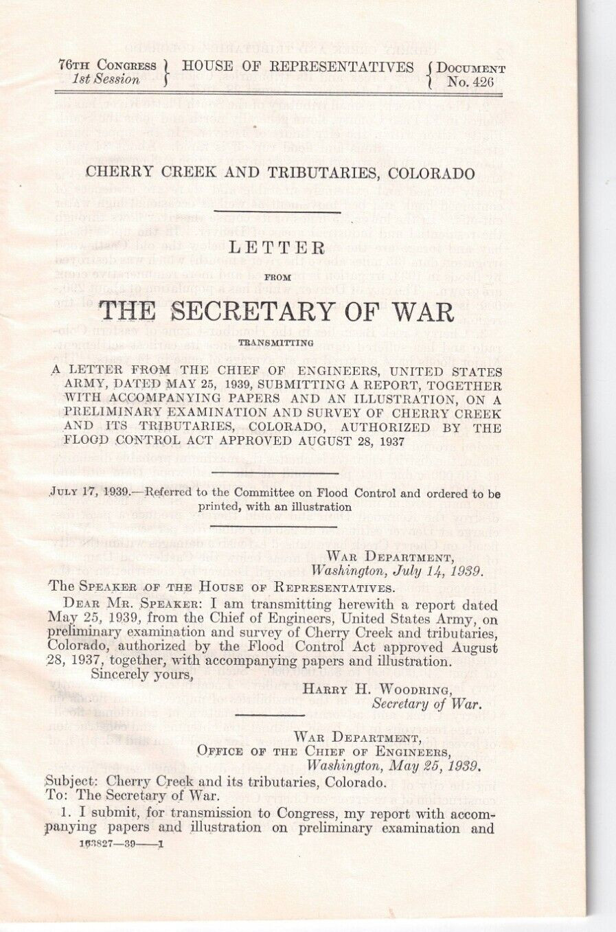 Survey Report Of Cherry Creek & Tributaries CO Flood Control-1939-Papers & Map