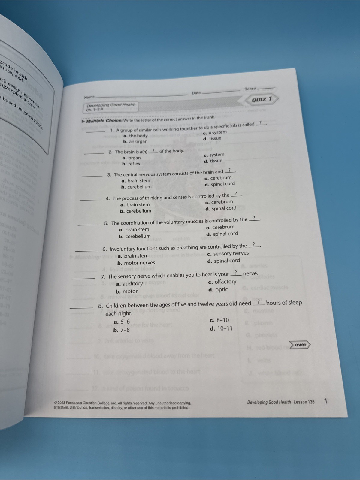 Abeka 4th Grade Developing Good Health Student Text, Quizzes/Tests & Activities