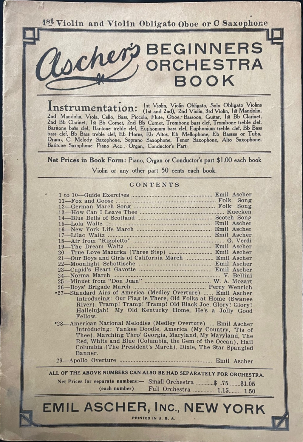 Original Vintage Ascher Beginners Orchestra Violin Obligato Obe C Saxophone Book