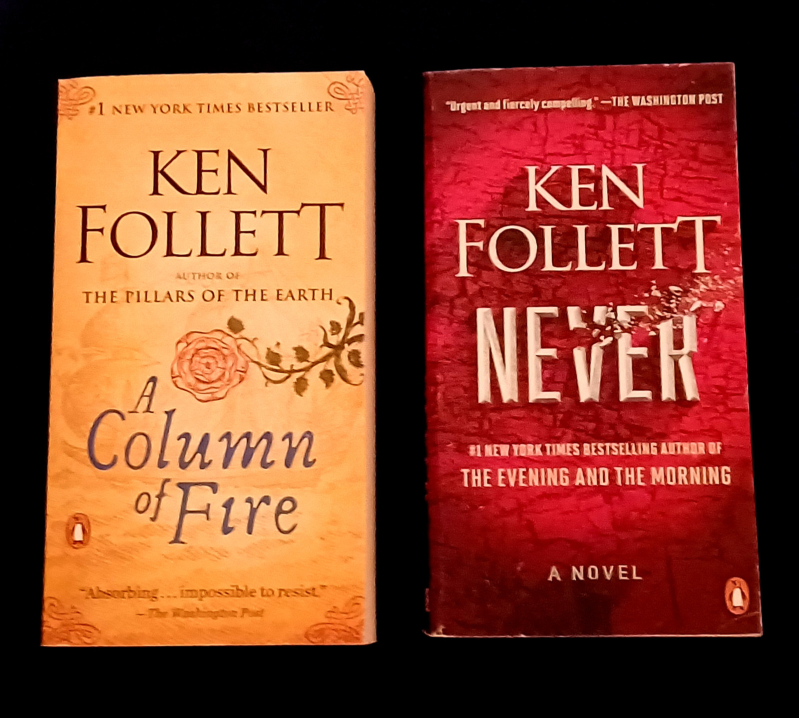 2 Ken Follett thrillers-Never/A Column of Fire-tall rack paperbacks-free ship