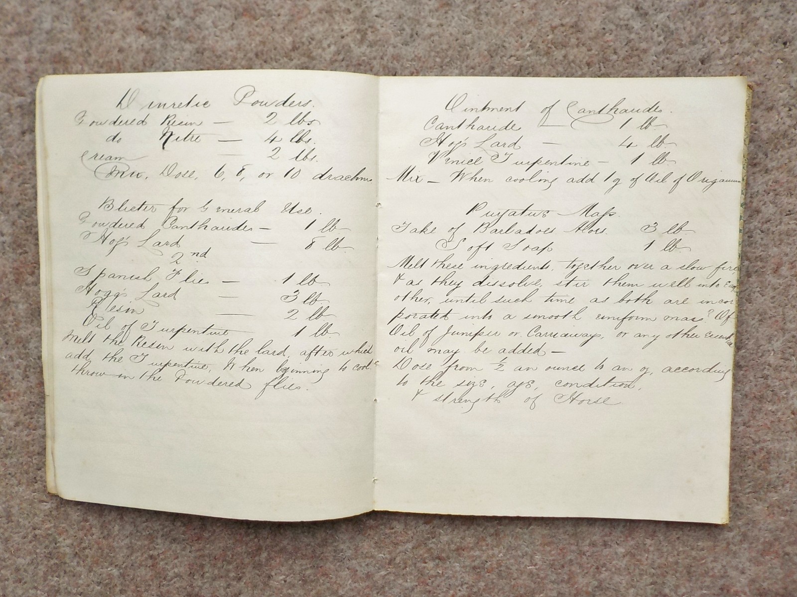 1886 Veterinary handwritten book Cures Recipes 91 pages Horses Dogs Cattle etc