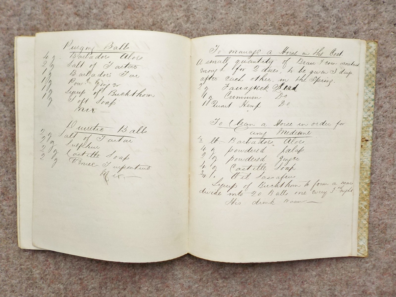 1886 Veterinary handwritten book Cures Recipes 91 pages Horses Dogs Cattle etc