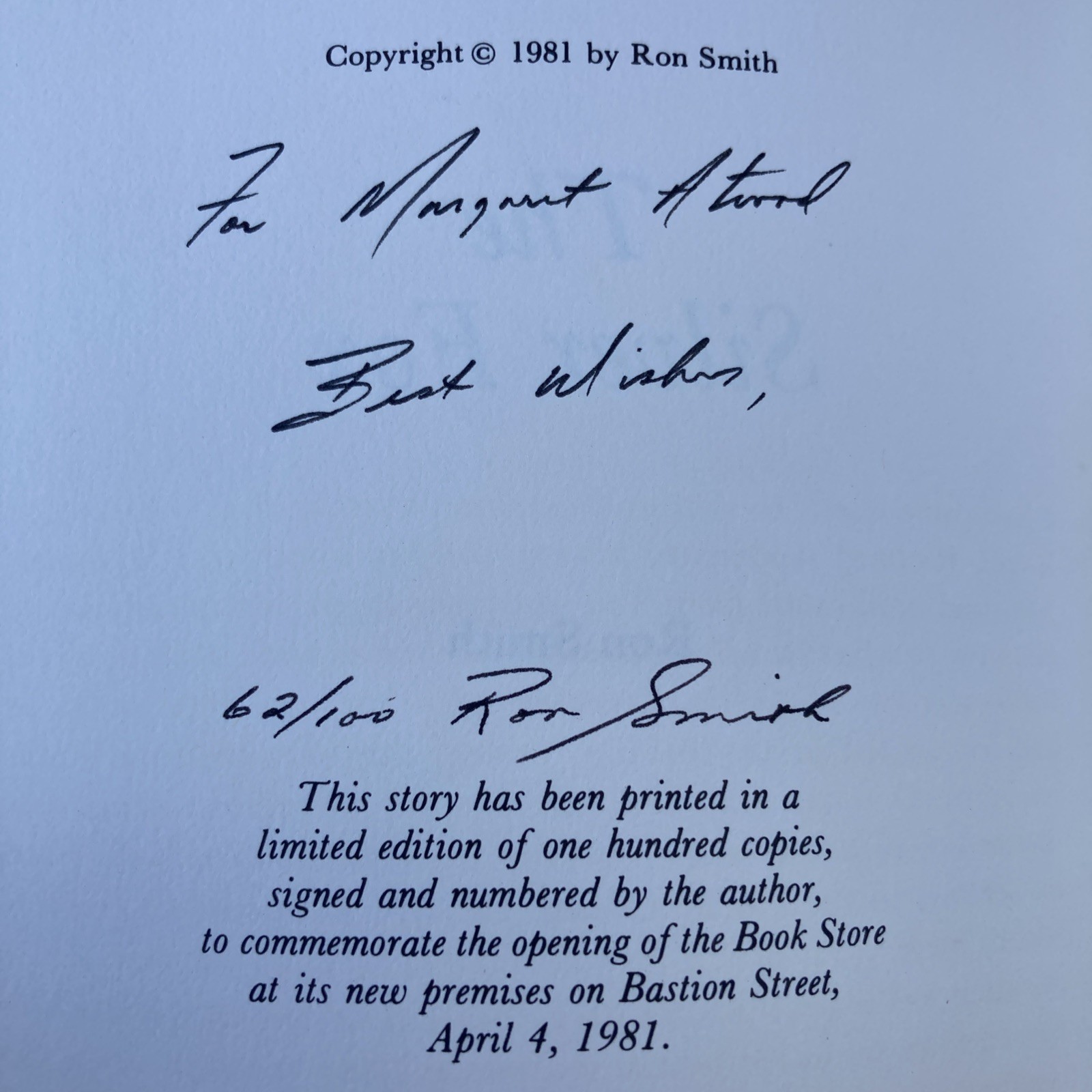For Margaret Atwood The Silver Fox Signed By Ron Smith Oolichan Books 1981