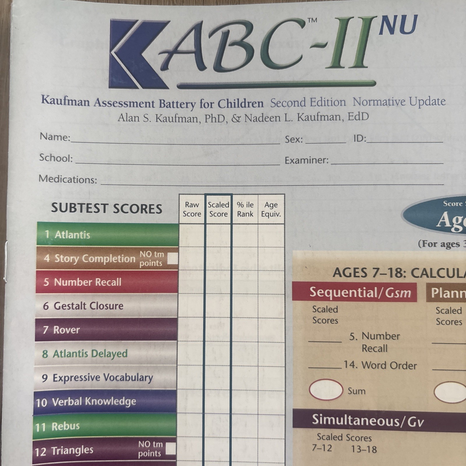 NEW KABC-II Normative Update Record Forms Qty 10 Print) ABC 25041 2023 Kaufman