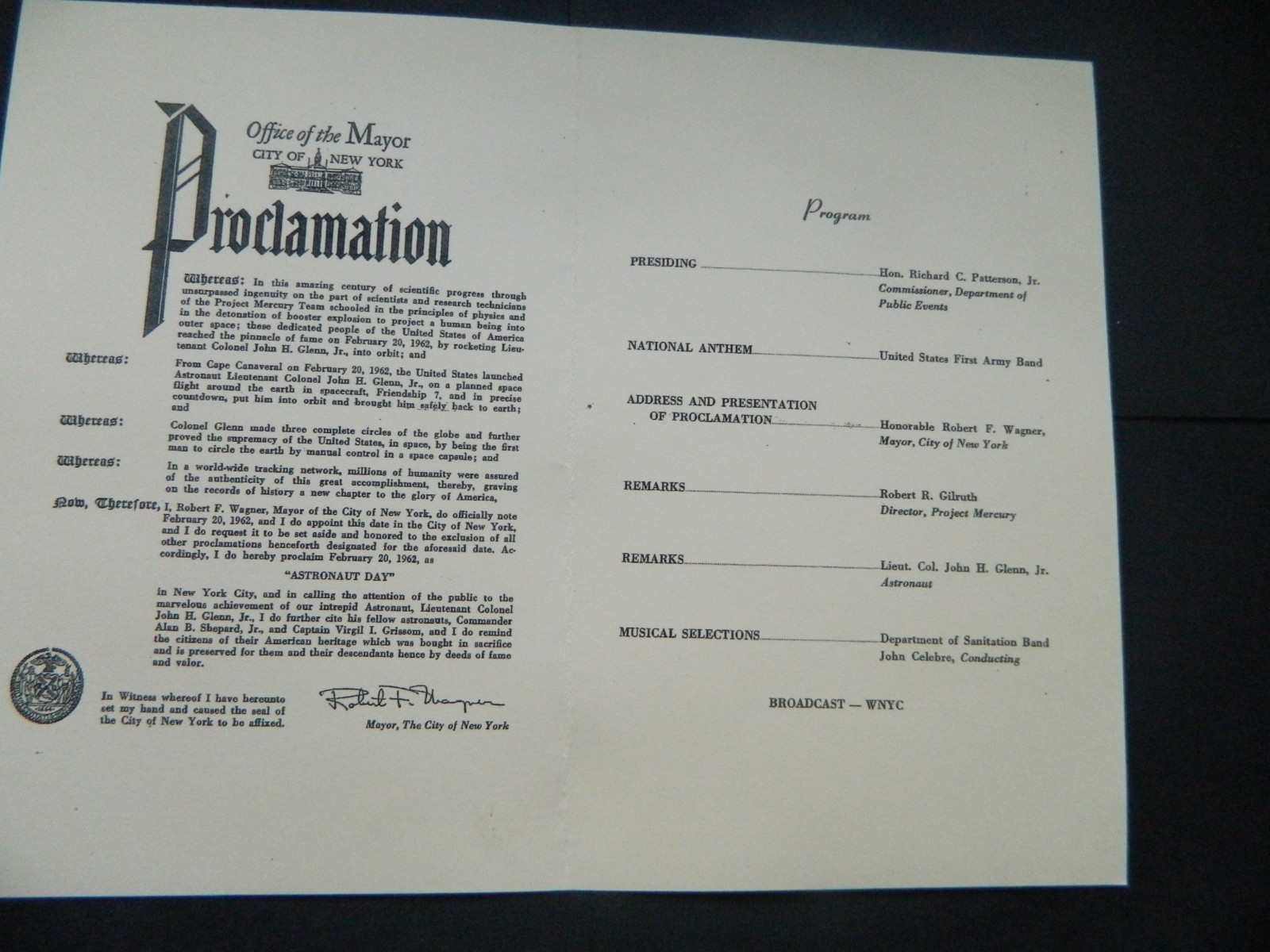 MARCH 1, 1962 NYC PROGRAM SALUTE THE ASTRONAUTS OF PROJECT MERCURY SPACE TEAM