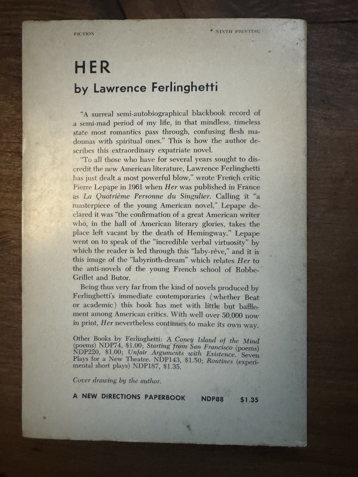 Lawrence Ferlinghetti Her New Directions Paperback Ninth Printing 1960