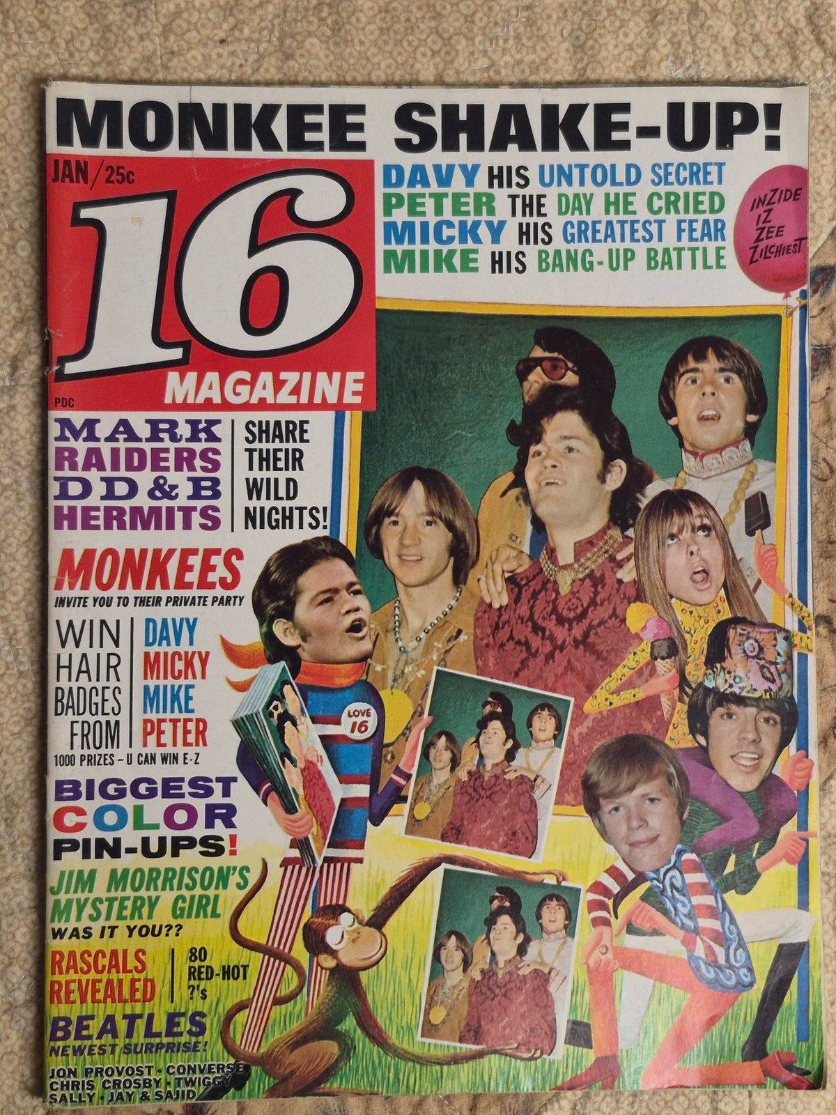 Vintage 16 Magazine Jan 1968 Monkees Jim Morrison Doors Beatles 1960s