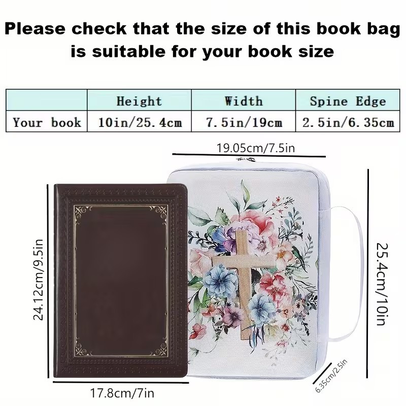 White Floral Cross Book Tote Organizer Bag with Handle – 10-Inch with bookmark