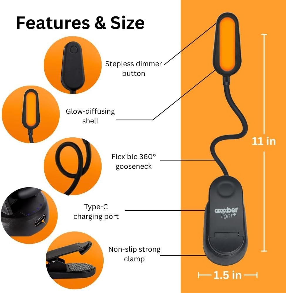Rechargeable Amber Reading Light – Blue Light Blocking, Perfect Gift for Readers