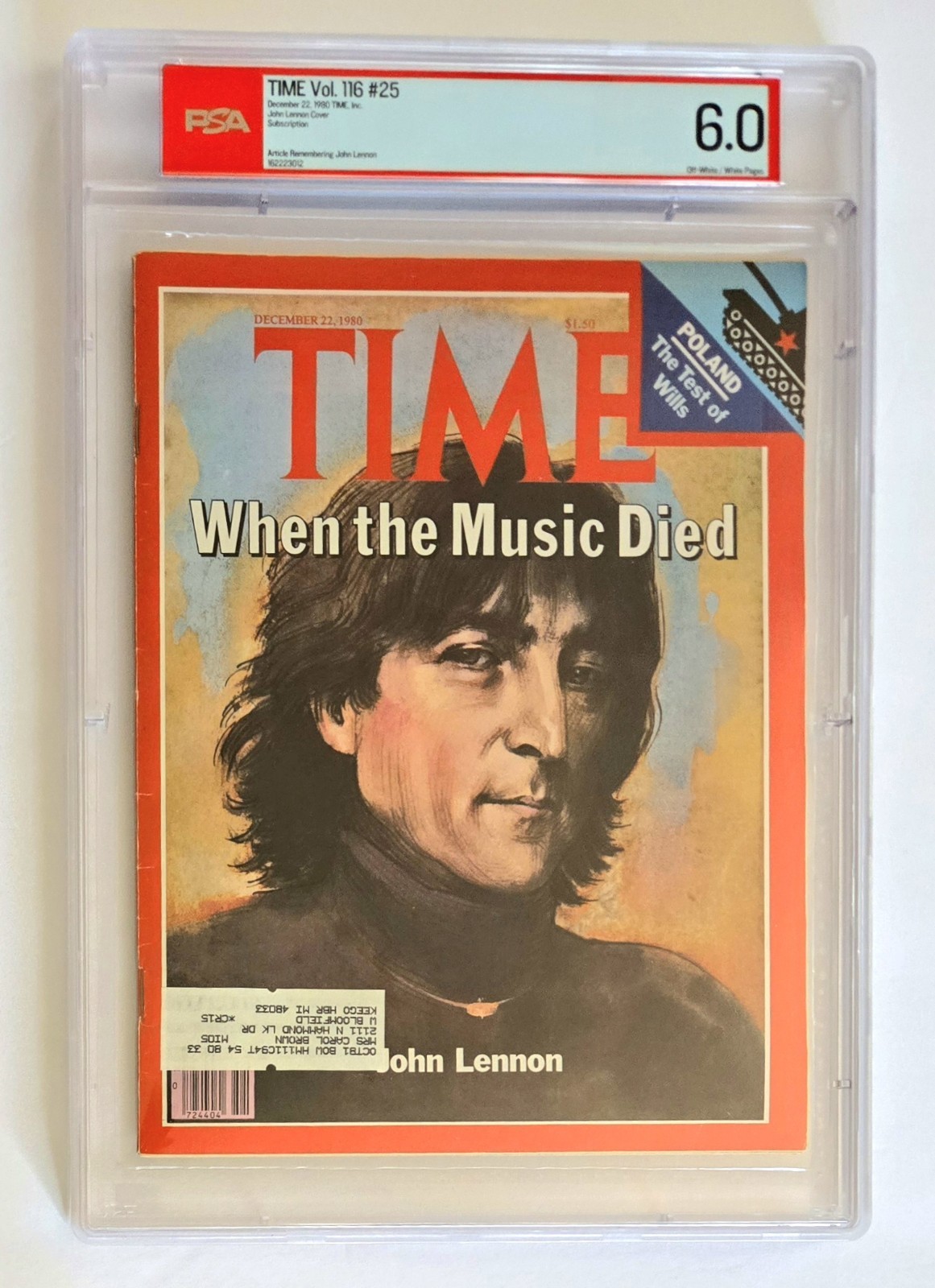 Rare John Lennon Dec. 22, 1980 TIME Magazine Graded PSA 6.0 The Beatles Yoko Ono