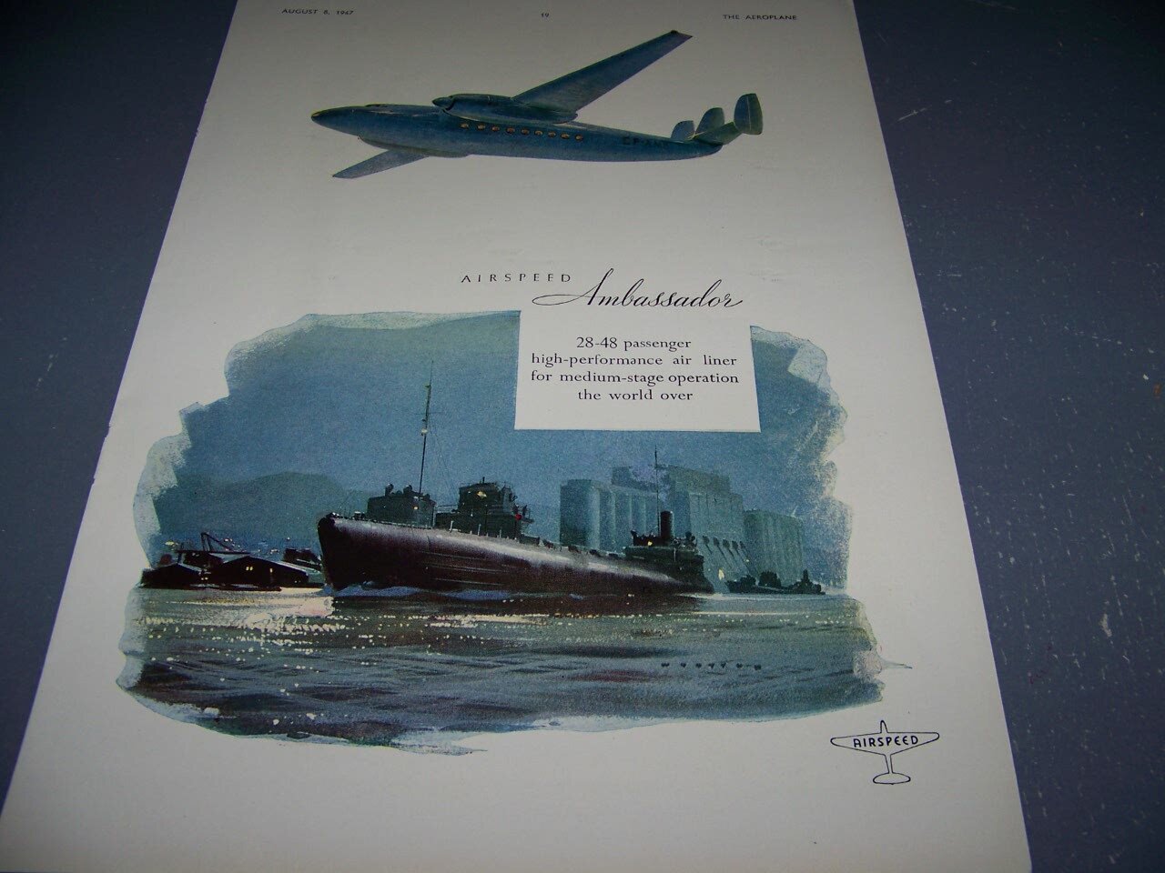 1947 AIRSPEED AMBASSADOR “HIGH PERFORMANCE LINER”..1-PAGE COLOR SALES AD..(692Y)