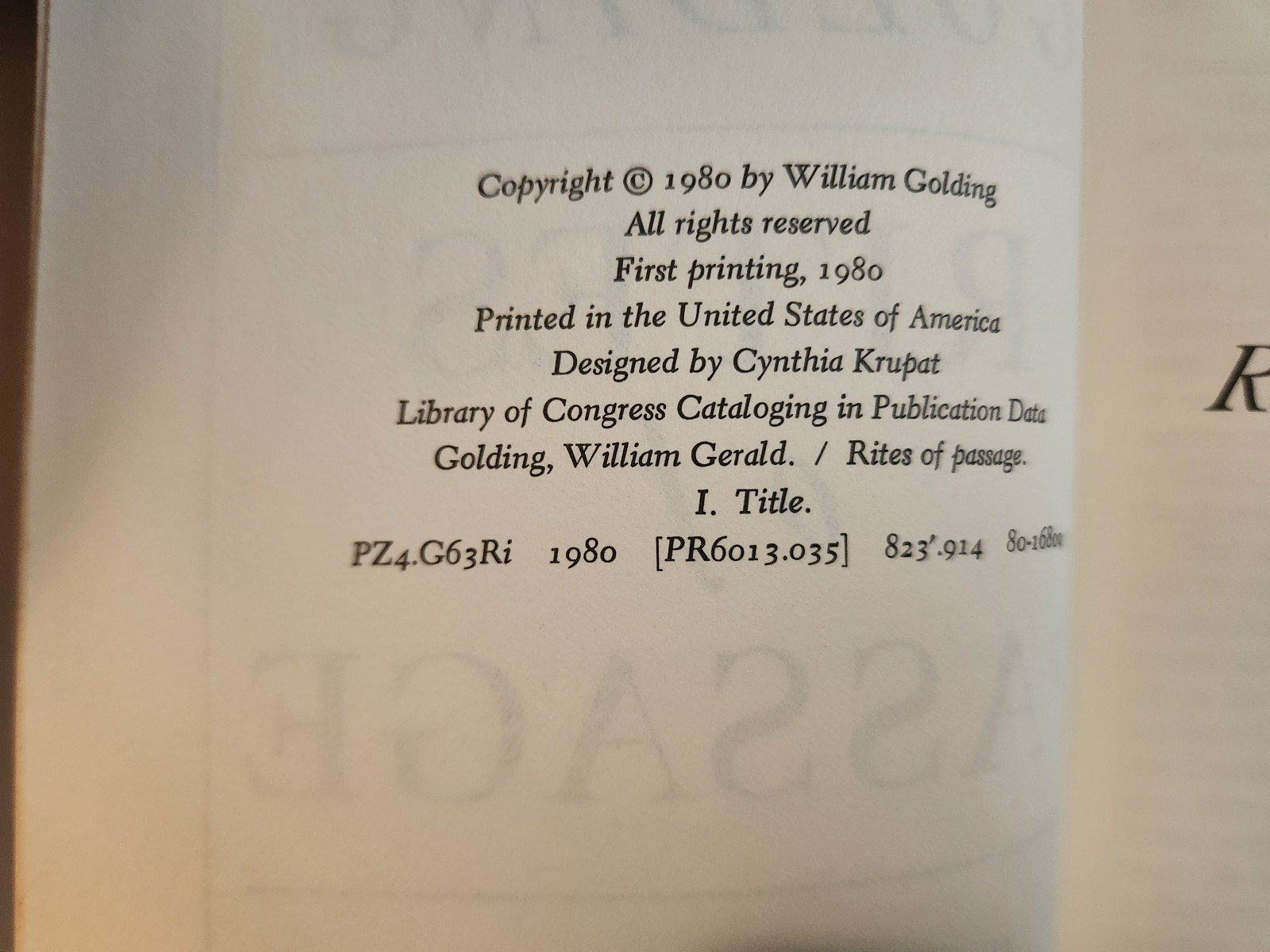 Rites of Passage William Golding 1980 1st Edition 1st Printing HC DJ
