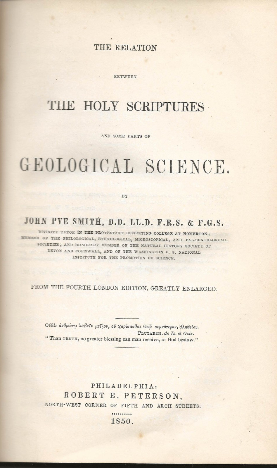 John Pye Smith. Relation between Holy Scriptures and…Geological Science. 1850