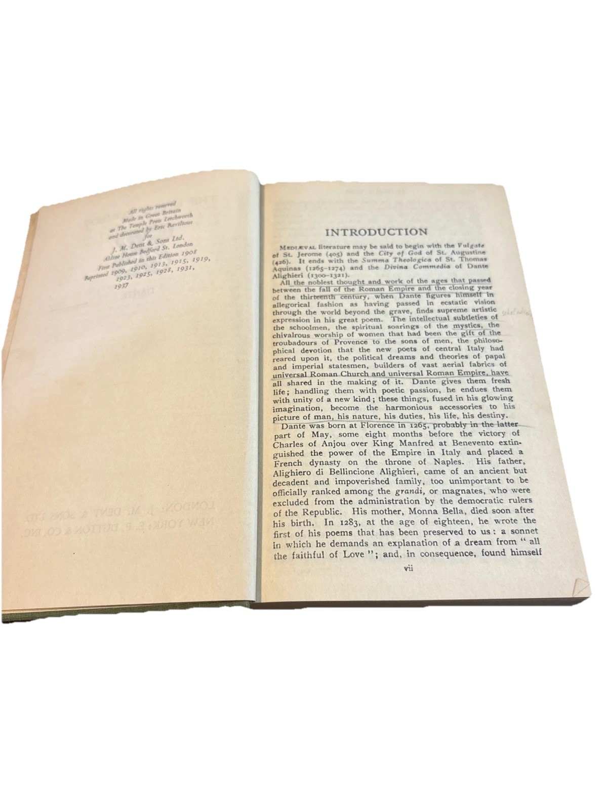 Dante Alighieri Divine Comedy Everyman’s Library Dent No 308 HC/Missing DJ 1937