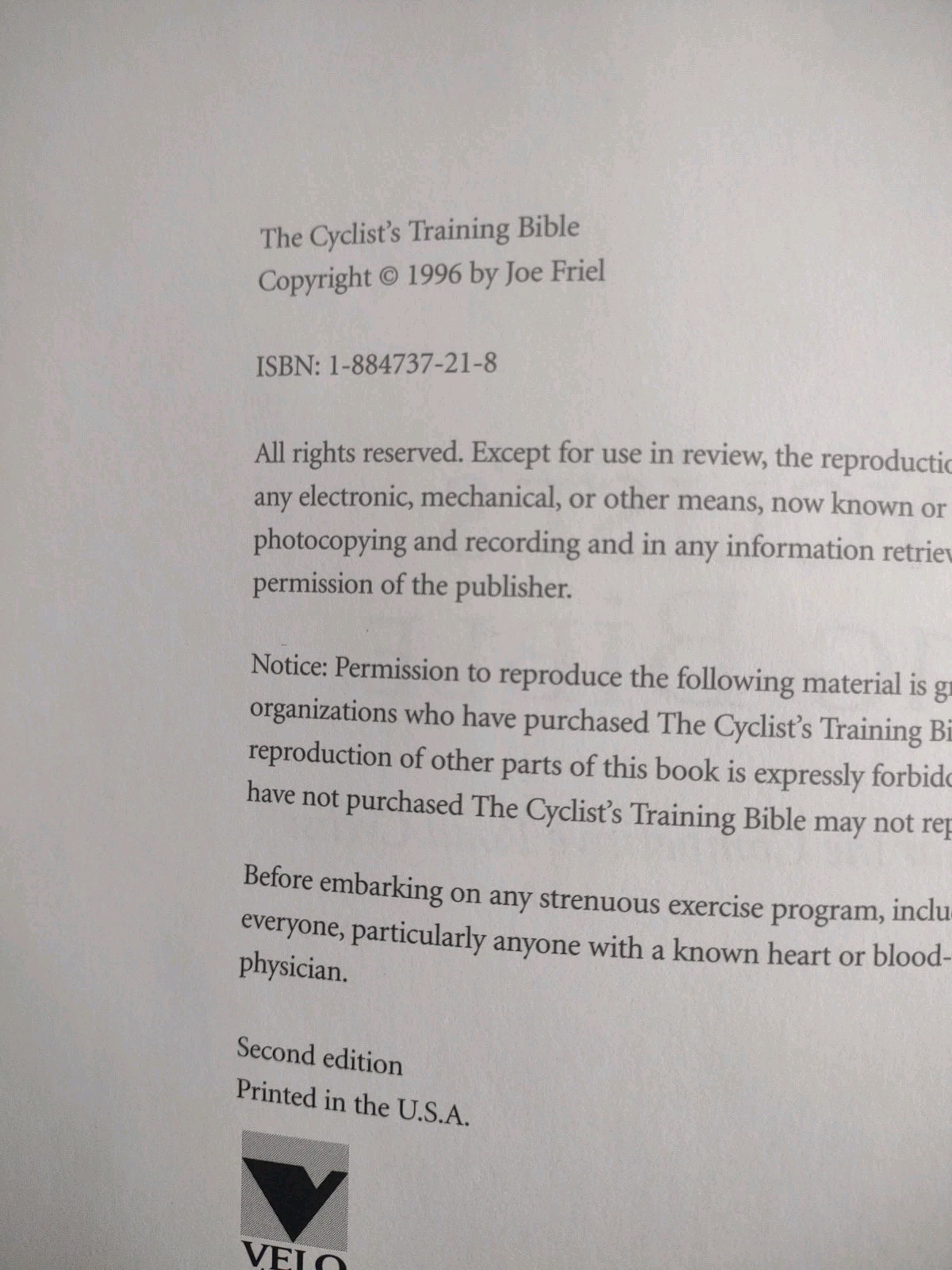 1996 The Cyclist’s Training Bible 2nd Edition Joe Friel Serious Bikers 266 Pages