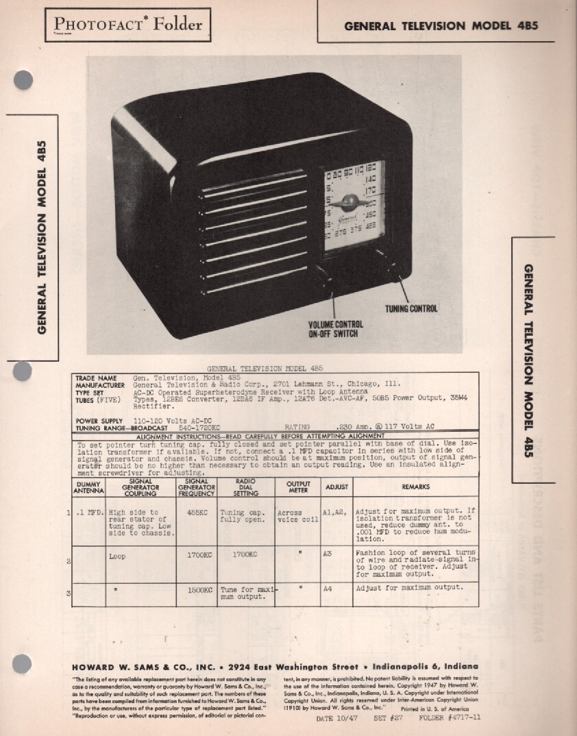 General TV – Model 4B5 – Radio – Original Service Manual – 1947