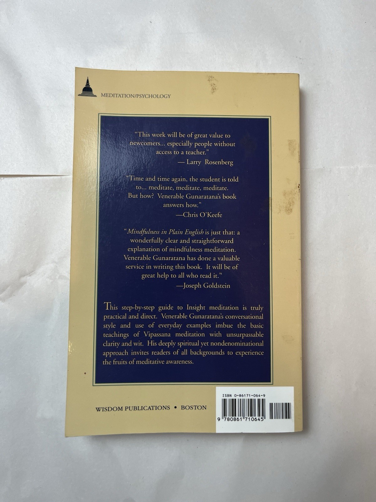 Mindfulness in Plain English – Paperback By Venerable Henepola Gunaratana – GOOD