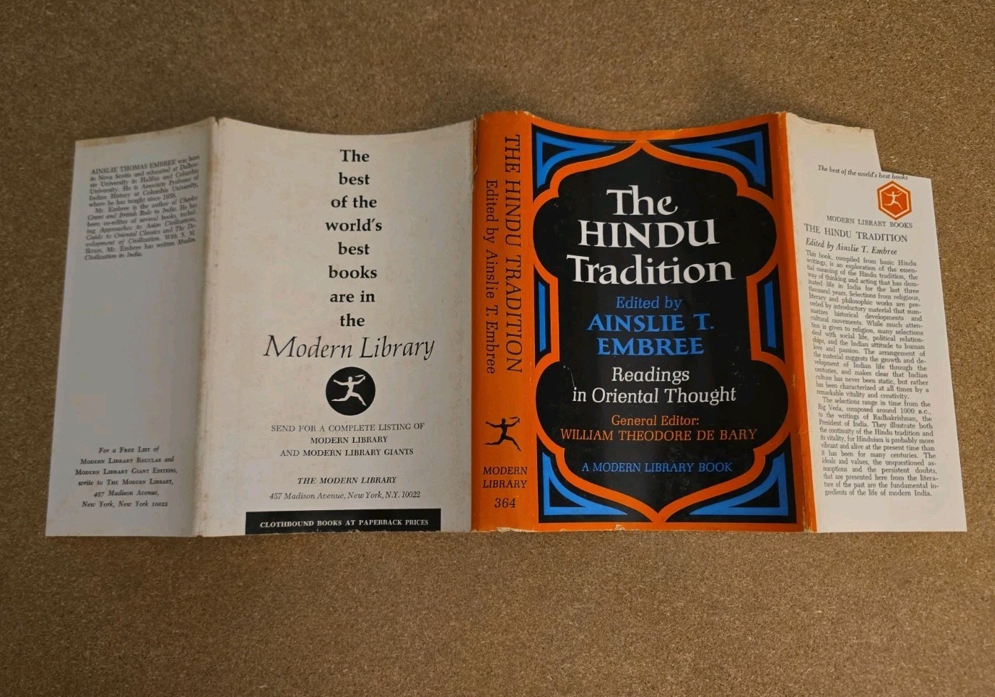 The Hindu Tradition Modern Library 1966 HC Dust Jacket Ainslie Embree 1st Ed.