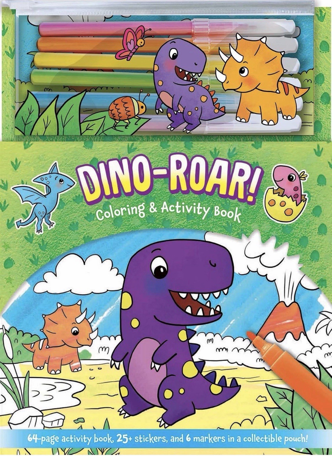 New! Dino-Roar! Coloring & Activity Book with 6 Markers, Pouch, & Stickers