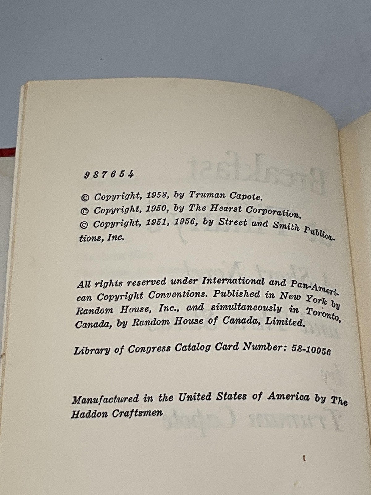 BREAKFAST AT TIFFANY’S TRUMAN CAPOTE RANDOM HOUSE 1958 HARDCOVER VINTAGE
