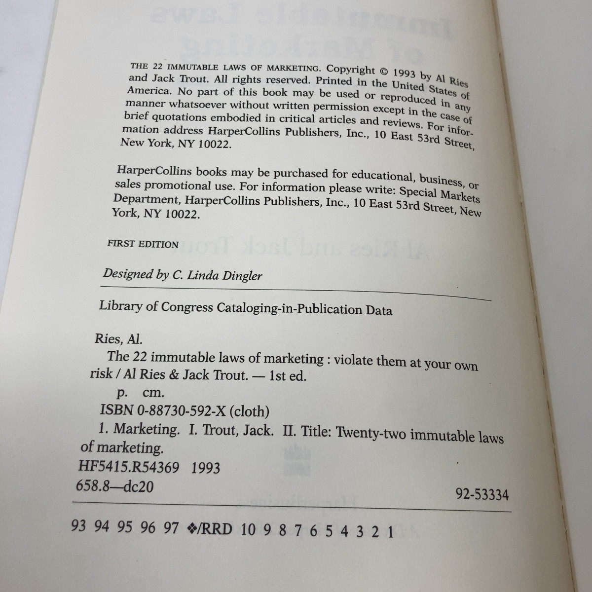 The 22 Immutable Laws of Marketing by Al Ries; Jack Trout HC First Edition Ver