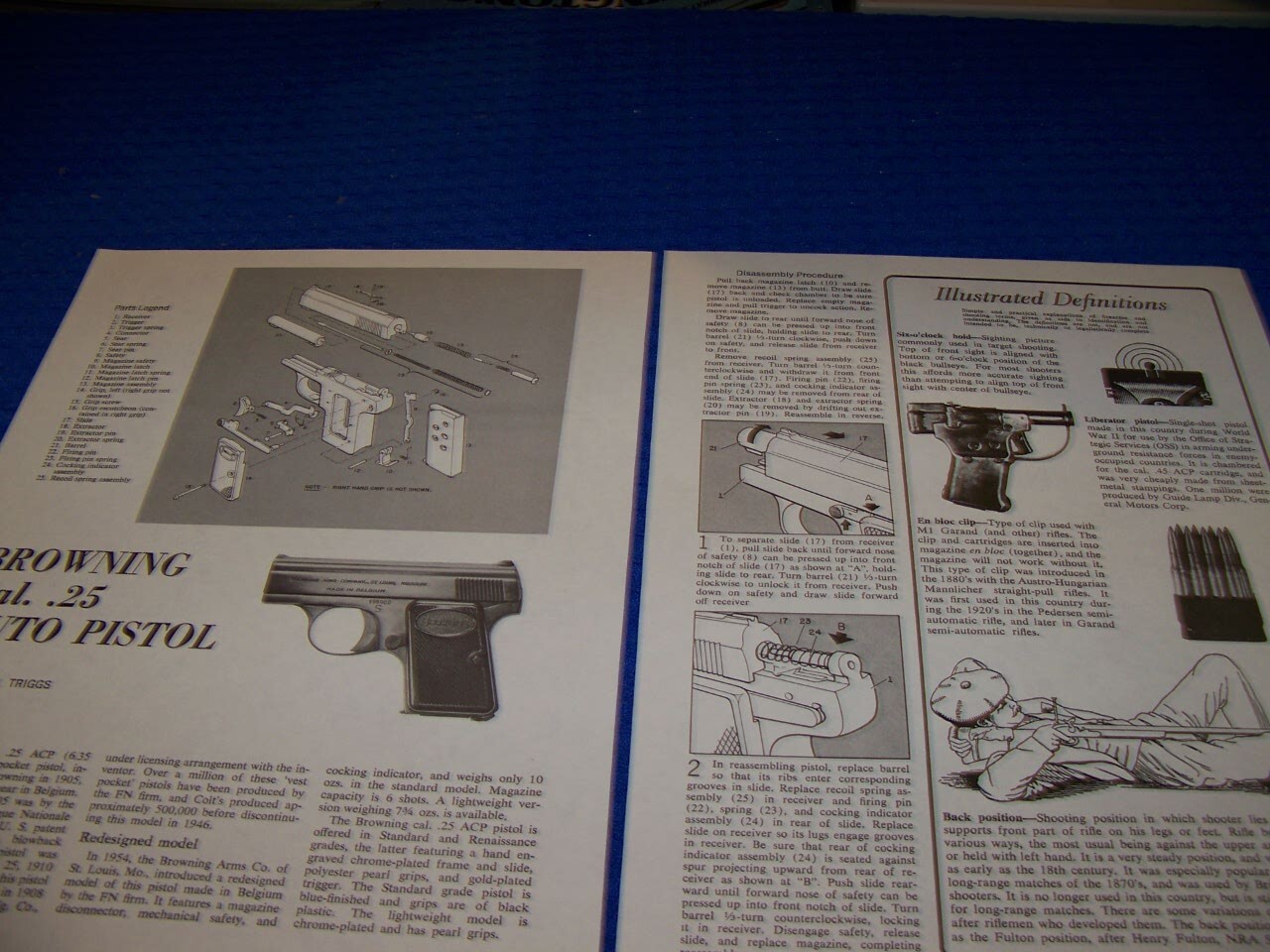 BROWNING .25 CAL AUTO PISTOL.TAKEDOWN/EXPLODED VIEW/PARTS LEGEND..(579LL)