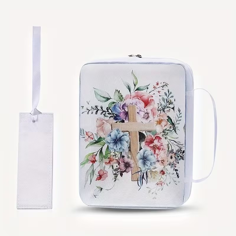 White Floral Cross Book Tote Organizer Bag with Handle – 10-Inch with bookmark