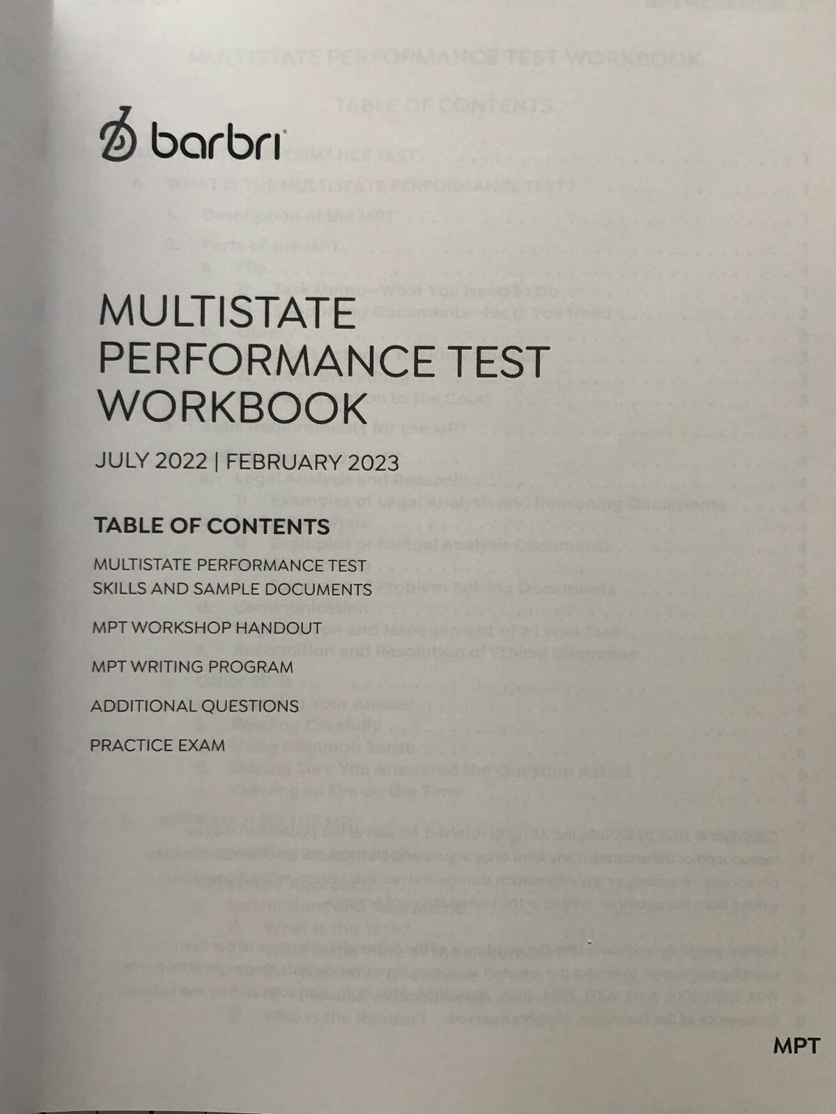 Feb 2023 Barbri Multistate Performance Test Workbook MPT Bar Exam