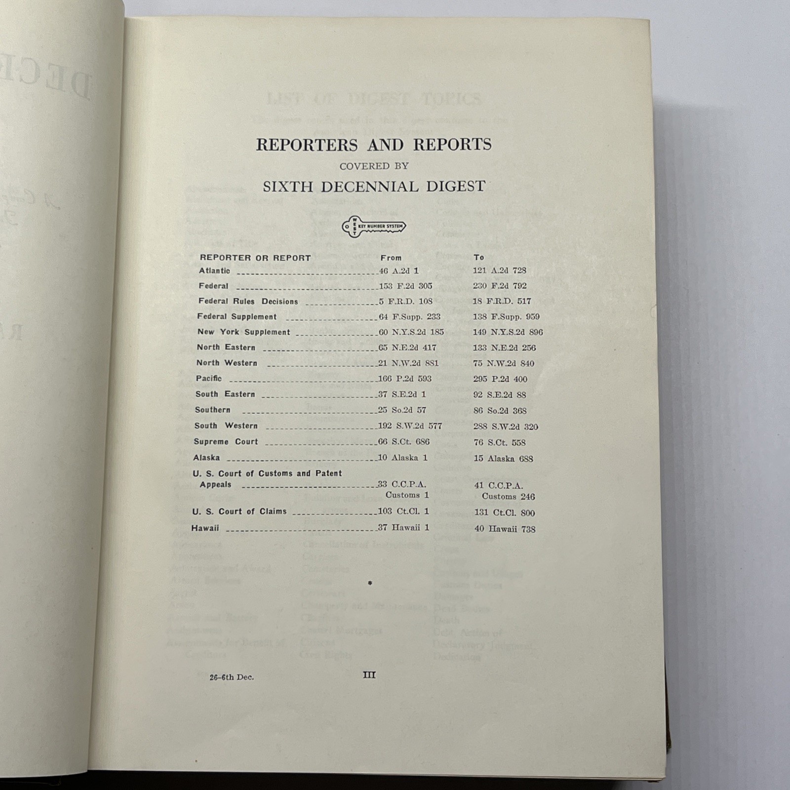 American Digest System Sixth Decennial Edition Vol 26 1946-1956 West Publ. HC