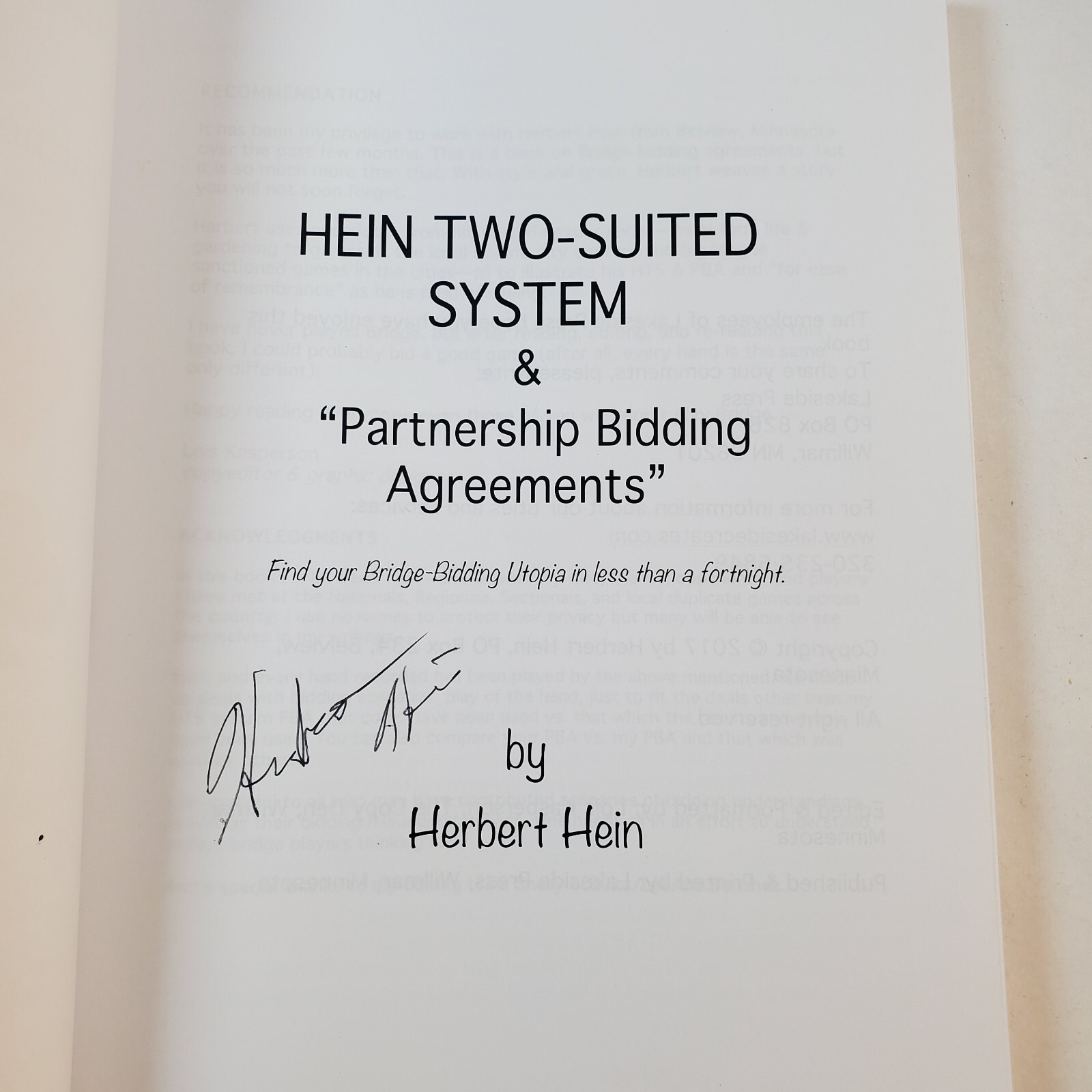 Hein Two-Suited System Partnership Bidding Agreements by Herbert Hein Signed PB