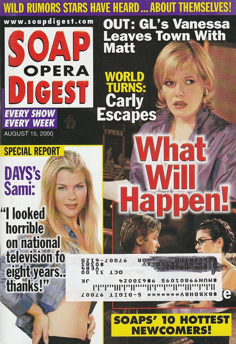 Soap Opera Digest Aug 15, 2000 ALISON SWEENEY-NADIA BJORLIN-HOTTEST NEWCOMERS