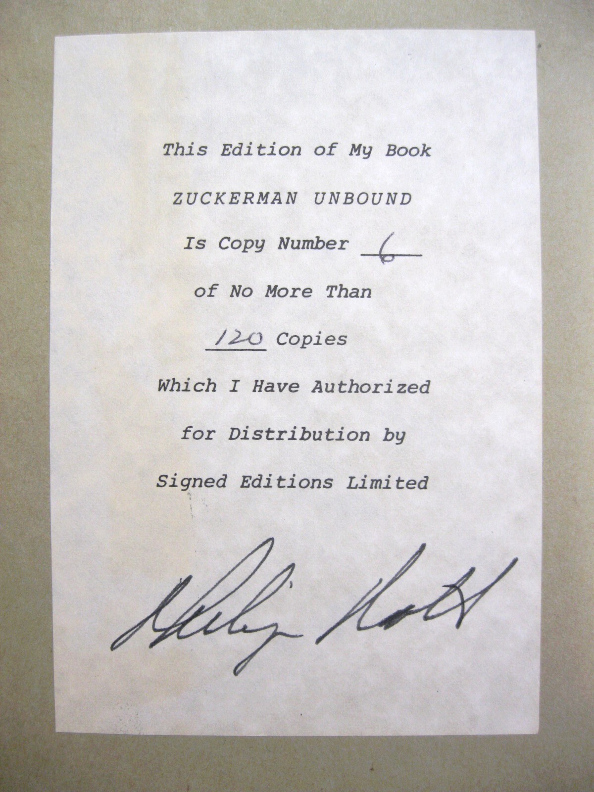 Zuckerman Unbound by Philip Roth SIGNED Limited #6 / 120 Farrar Straus 1981