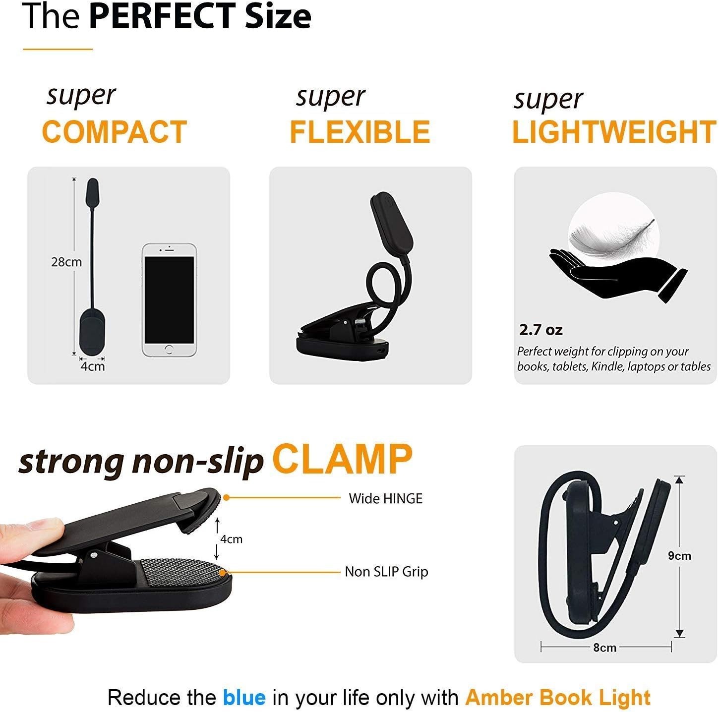Rechargeable Amber Reading Light – Blue Light Blocking, Perfect Gift for Readers