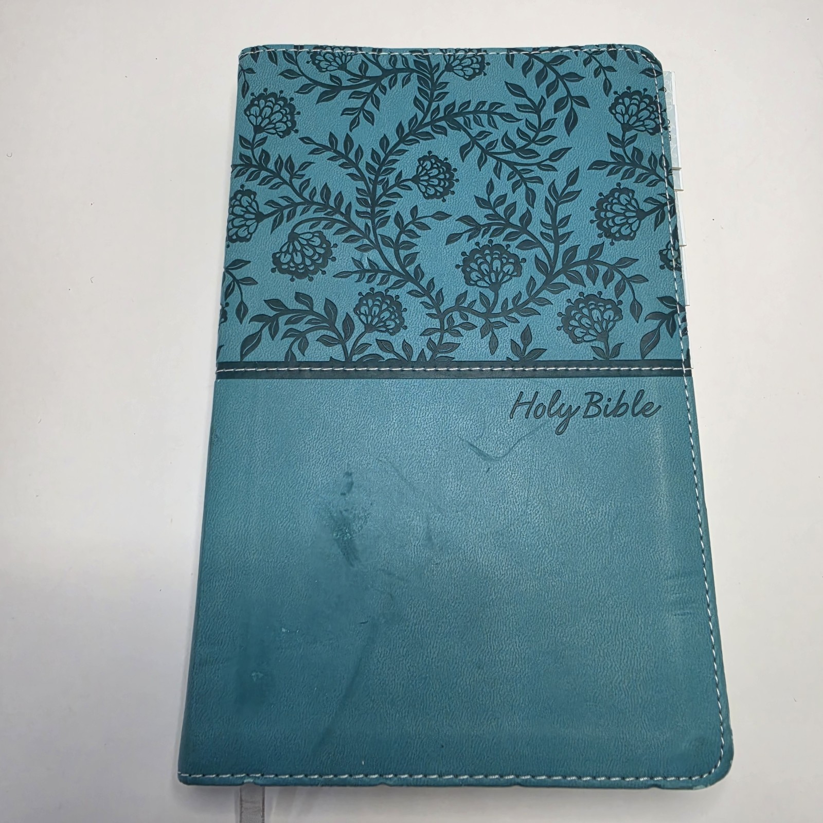 KJV Holy Bible Faux Soft Leather Floral Teal Tabbed