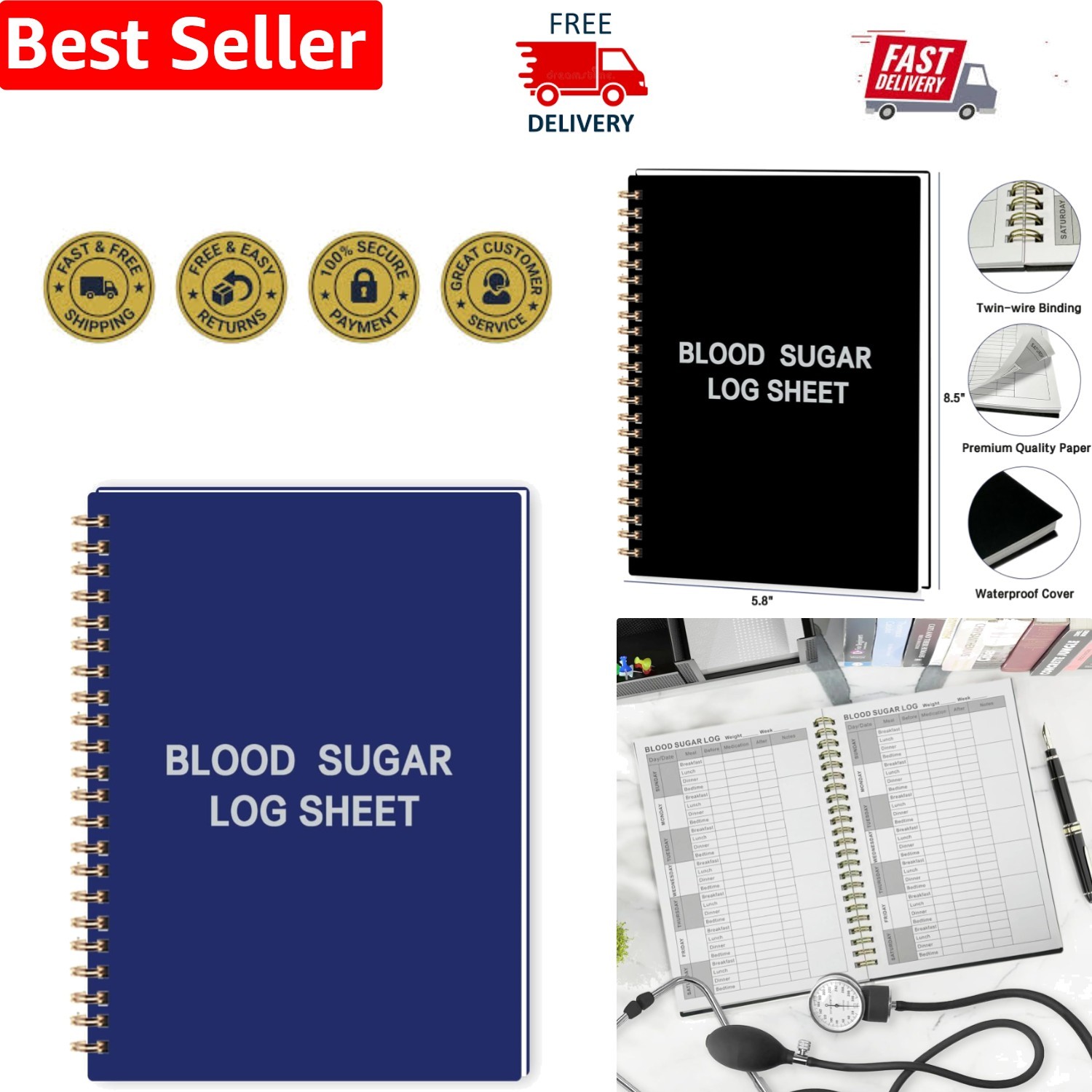 Navy Blue Spiral-Bound Blood Pressure Log Book with 118 Pages for Easy Tracking