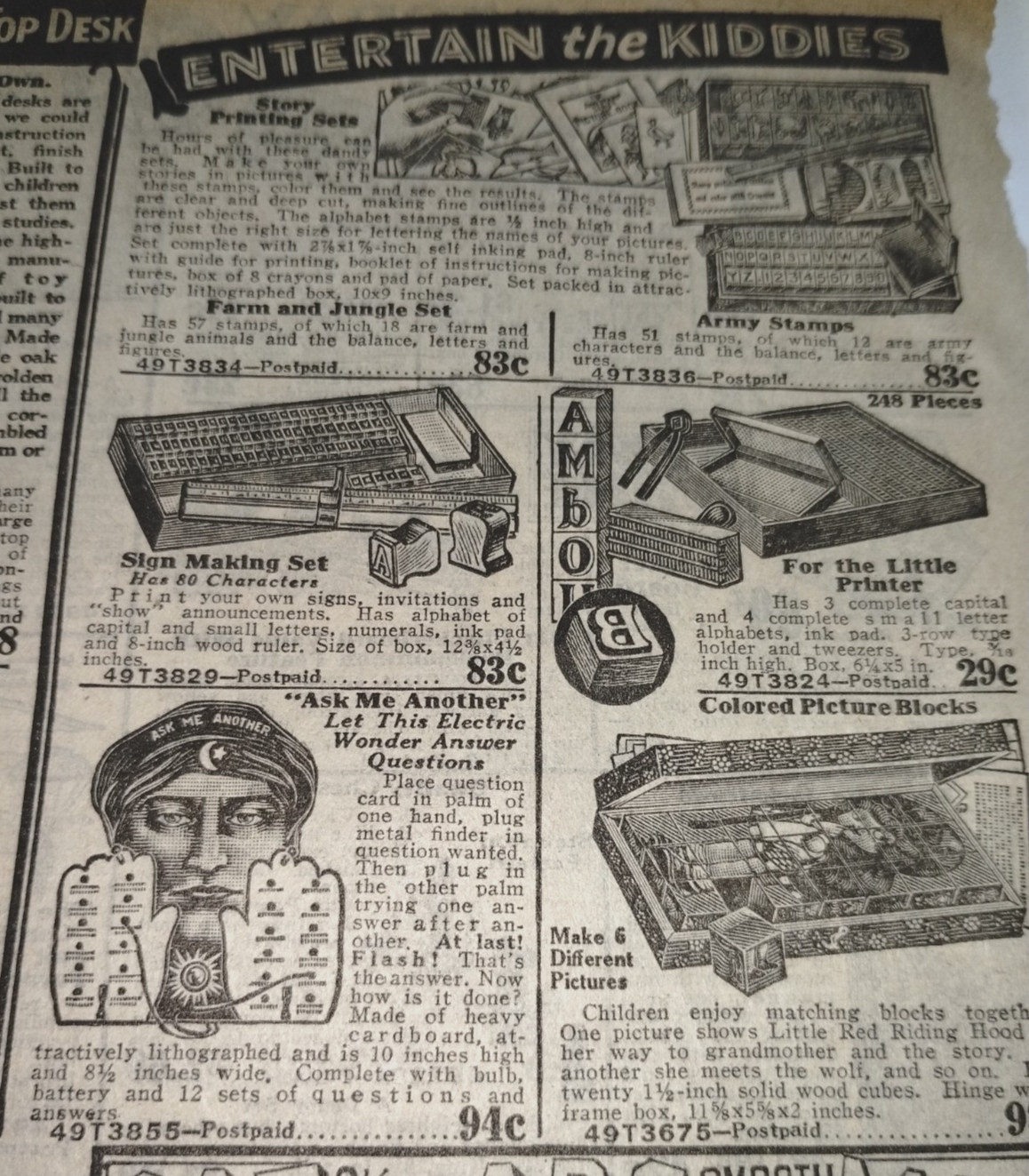 Games 1929-30 Sears Catalog 6pg Card Board Games OUIJA Mystic Poker Uncle Wiggly