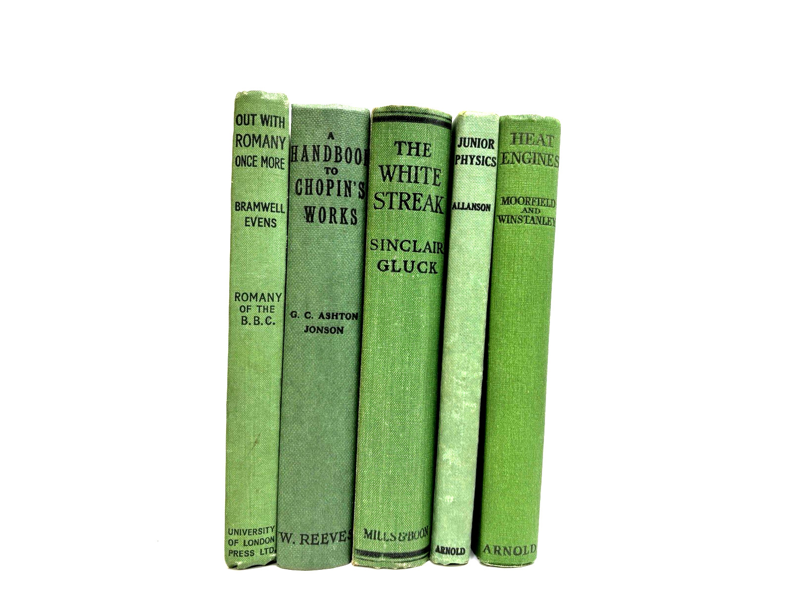 Collection of Old Green Books for Decoration. 12.5cm Shelf space.