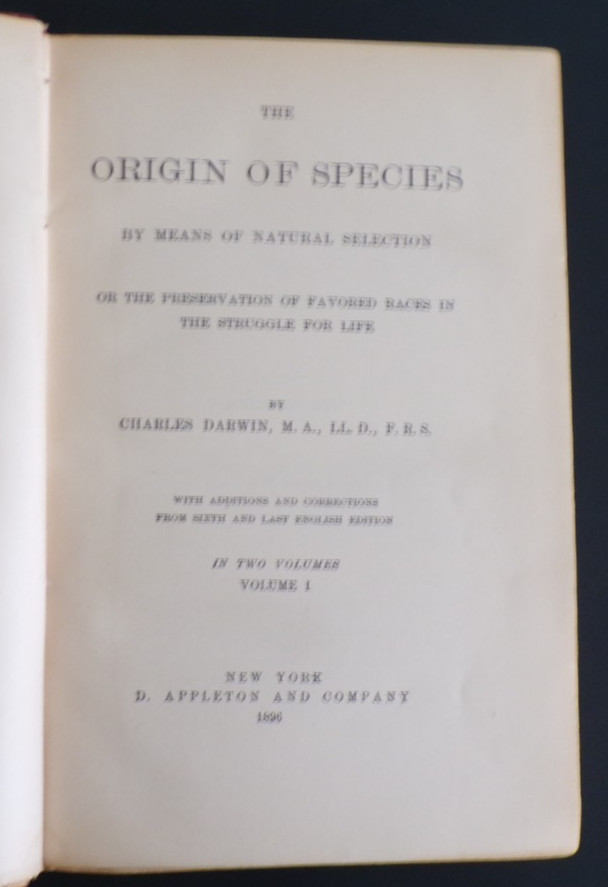 1896 Origin of Species v1 only 3/4 leather Appleton copy net Good solid copy