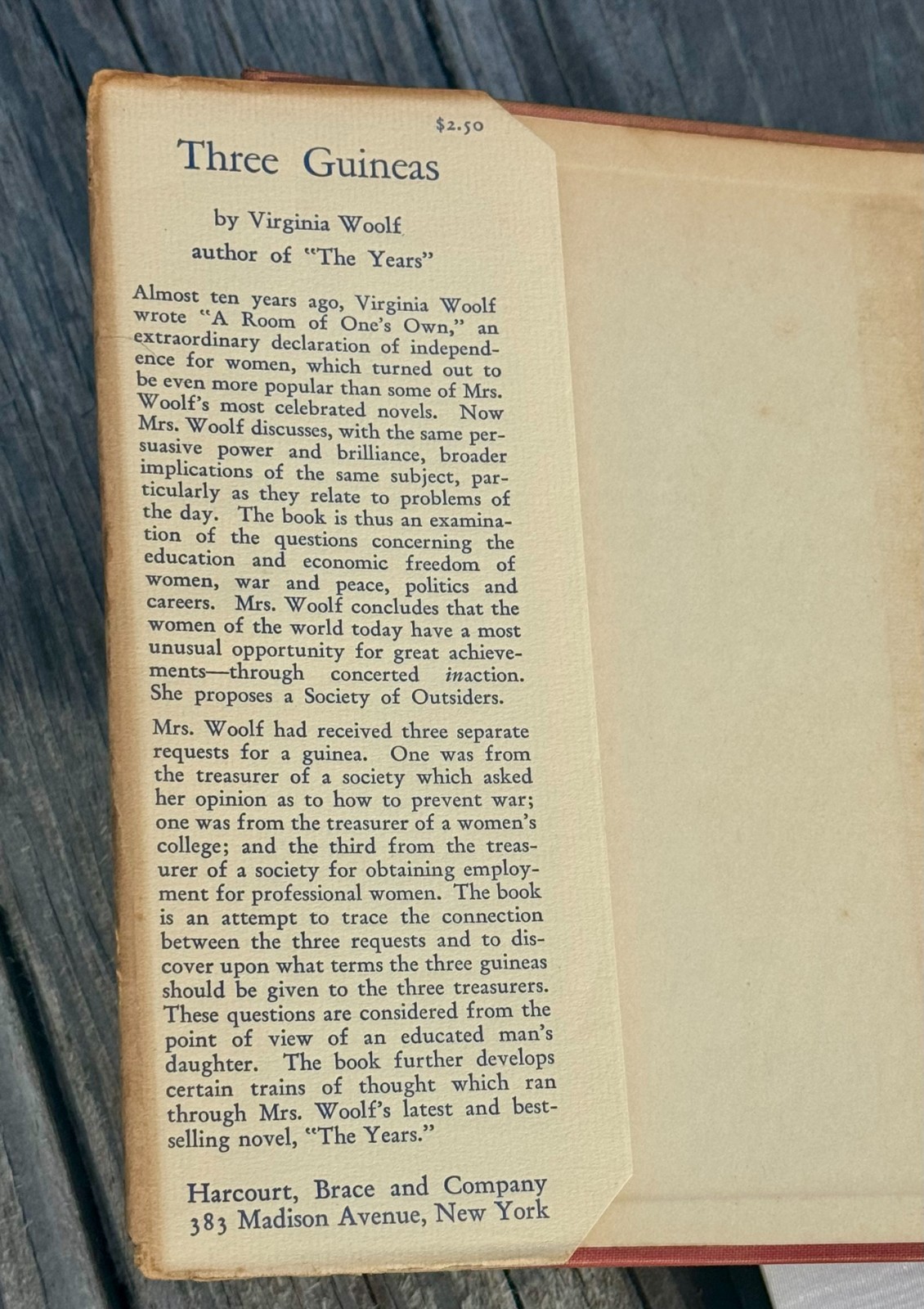 Virginia Woolf Three Guineas 1938 First American Edition Harcourt Brace Original