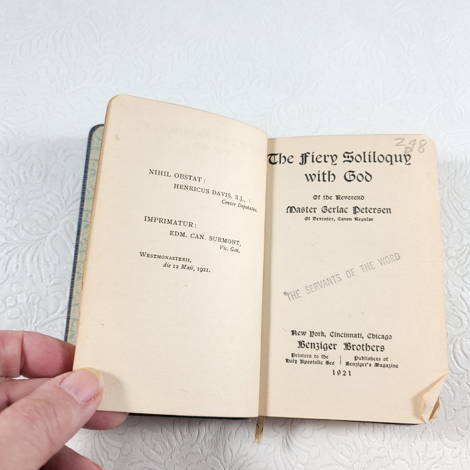 1921 The Fiery Soliloquy With God / Benziger Brothers / Antique Book RARE