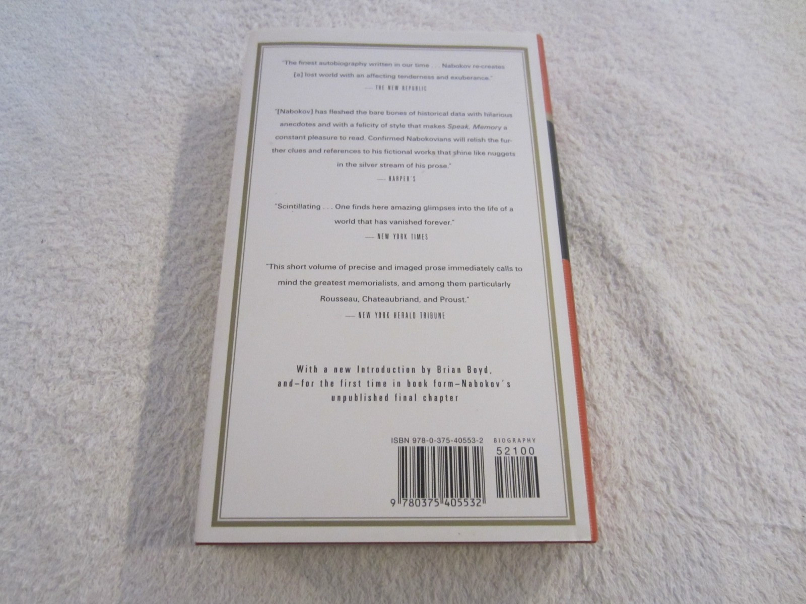Vladimir Nabokov SPEAK, MEMORY Everyman’s Library 1999 HCDJ