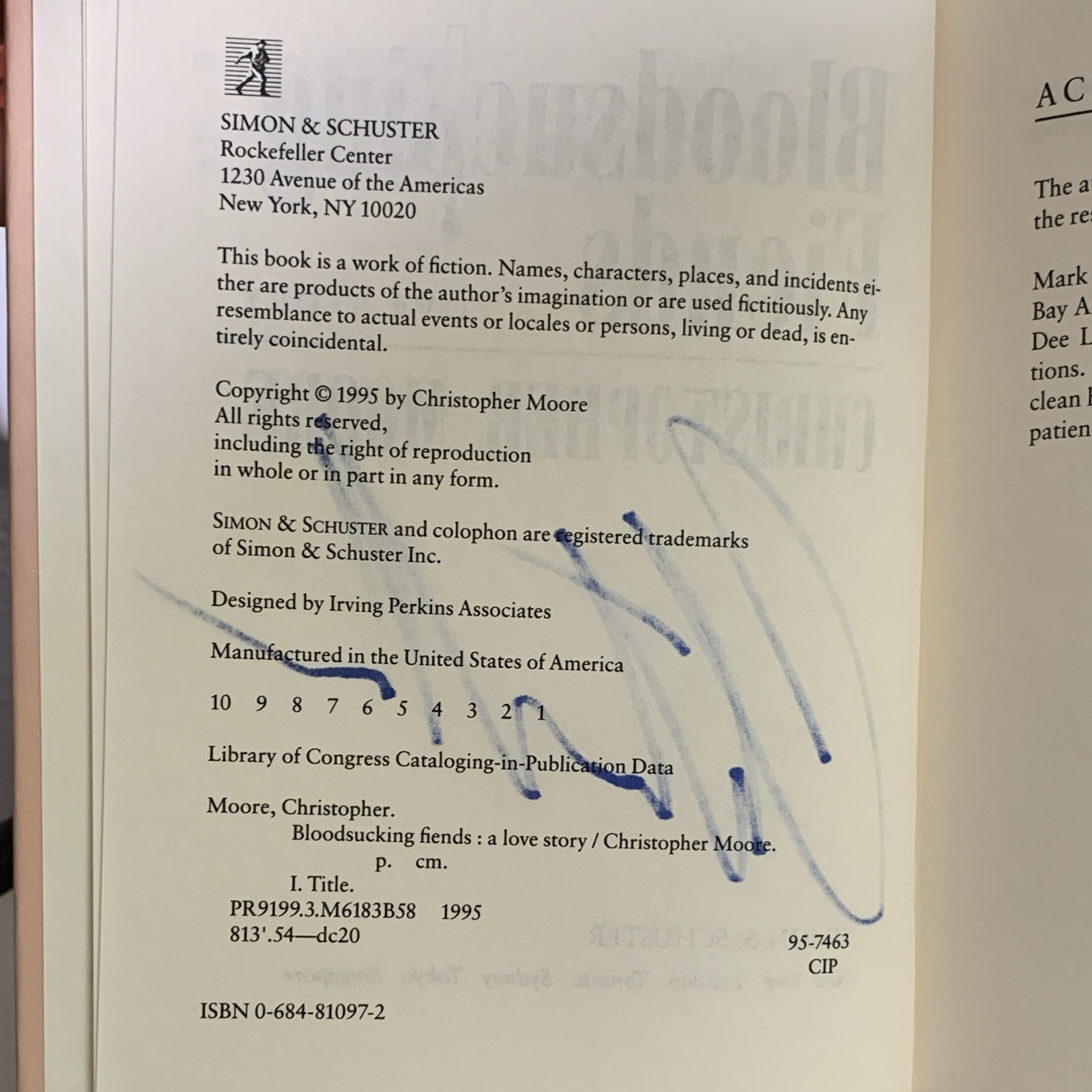Christopher Moore Bloodsucking Fiends: A Love Story Hardcover Signed 1995