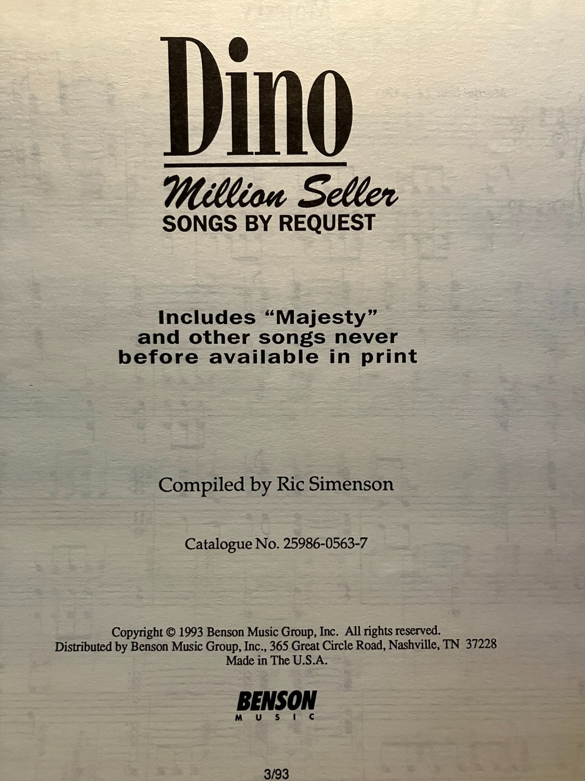 Dino Collection Million Seller Songs By Request Solo Piano Benson Music